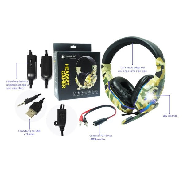 Headset Gamer Camuflado BM-218 com LED